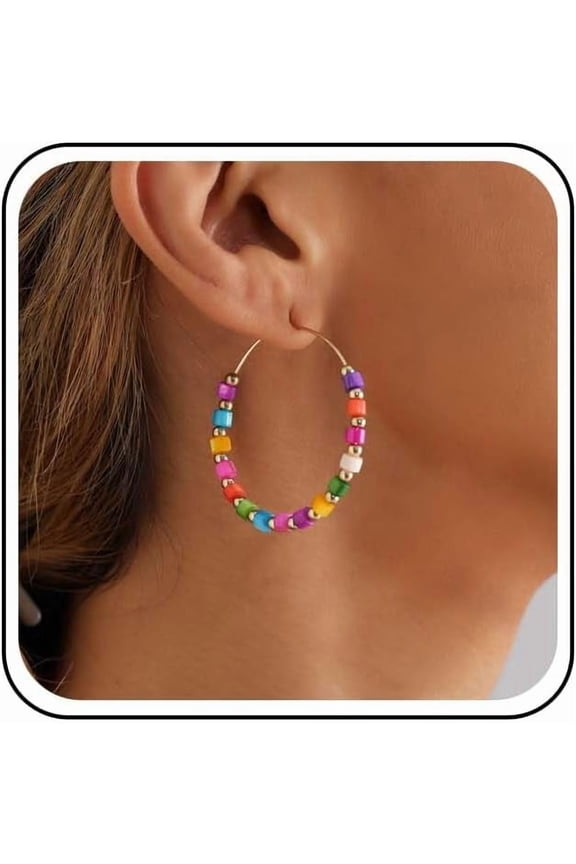 Boho Rainbow Seed Beaded Circle Earrings Circle Bead Hoop Earrings Colorful Bead Hoop Dangle Earring Acrylic Multi Color Beads Round Earring Jewelry for Women