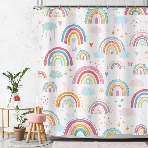 Boho Rainbow Shower Curtain 72Wx72L Inch Kids Girls Pink Cartoon Cute Watercolor Clouds Stars Colorful Shower Curtain Bathroom Set Bohemian Aesthetic Bath Curtain Bathtub Accessories Home Decor