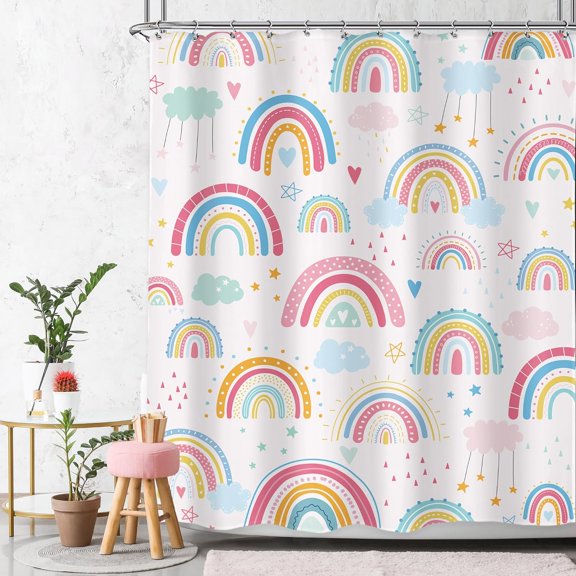 Boho Rainbow Shower Curtain 72Wx72L Inch Kids Girls Pink Cartoon Cute Watercolor Clouds Stars Colorful Shower Curtain Bathroom Set Bohemian Aesthetic Bath Curtain Bathtub Accessories Home Decor