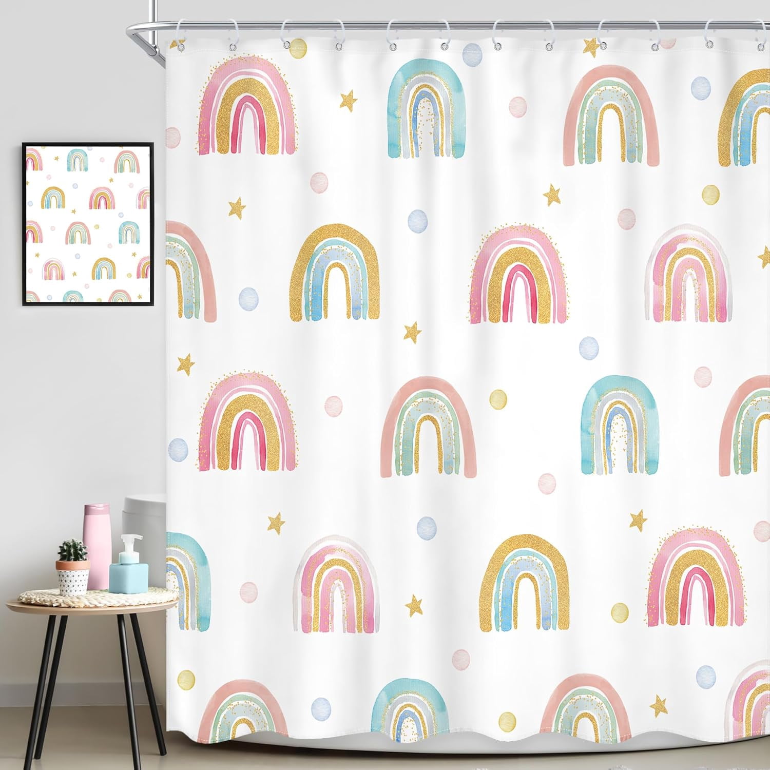 Boho Rainbow Shower Curtain 72Wx72L Inch Kids Girls Pink Cartoon Cute Watercolor Polka Dot Lovely Children Shower Curtain Bathroom Set Girl Toddler Bath Curtain Bathtub Accessories Home Decor