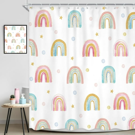Boho Rainbow Shower Curtain 72Wx72L Inch Kids Girls Pink Cartoon Cute Watercolor Polka Dot Lovely Children Shower Curtain Bathroom Set Girl Toddler Bath Curtain Bathtub Accessories Home Decor