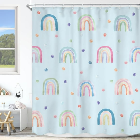 Boho Rainbow Shower Curtain, Blue Polka Dot Shower Curtain for Kids Girls, Cute Shower Curtain Bathroom Set, Modern Minimalist Curtain, Aesthetic Geometric Bathtub Accessories Decor 72Wx72L
