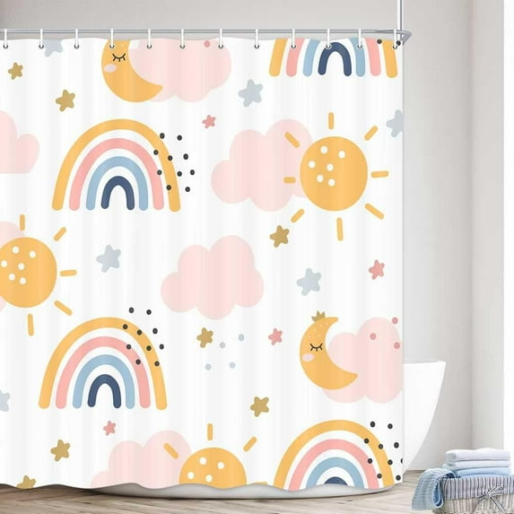 Boho Rainbow Shower Curtain for Kids Bathroom, Cute Colorful Sun Teen Girls Fabric Shower Curtains Set, Pastel Restroom Decor Accessories with Hooks 72X72 Inch