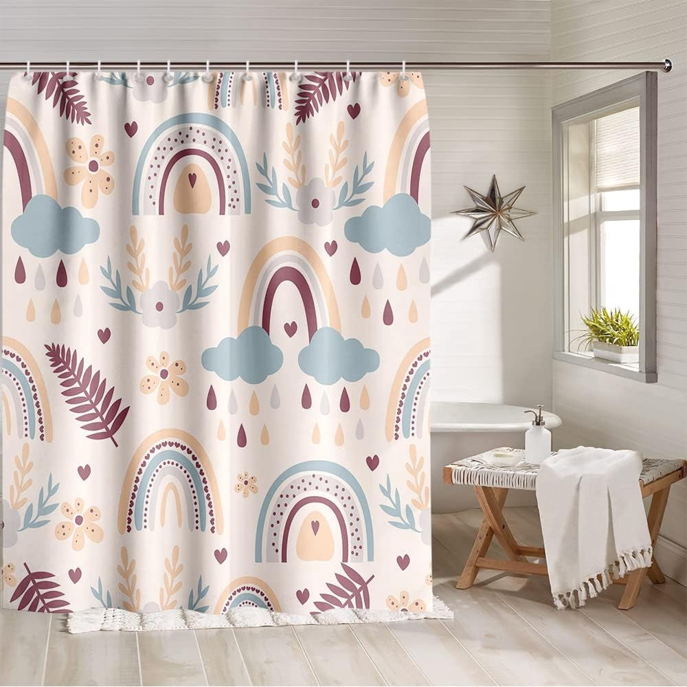 Boho Rainbow Shower Curtain Mid Century Modern Flower Leaf Shower ...