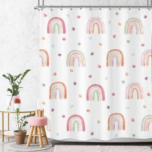 Boho Rainbow Shower Curtain, Pink Polka Dot Shower Curtain for Kids Girls, Cute Shower Curtain Bathroom Set, Modern Minimalist Curtain, Aesthetic Geometric Bathtub Accessories Decor 72Wx72L