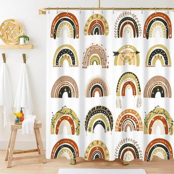 Boho Rainbow Shower Curtain for Kids, Little Rainbow Shower Curtain Set with Hooks Terracotta and Green Bathroom Decor for Boys and Girls, 72x84 Inch