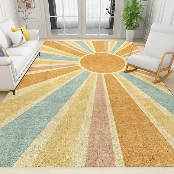 Boho Rainbow Sun Area Rug, Retro Geometry Kids Rugs, Non-Slip Mat Soft And Easy To Clean For Bedroom Living Room Bathroom Classroom Office Yoga Room Patio 3' x 4'