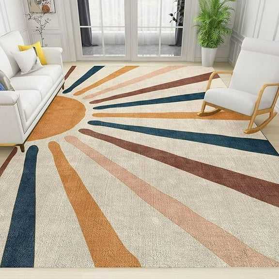 Boho Rainbow Sun Area Rugs, Retro Geometry Sunrise Sun Non-Slip Kids Rug, Upholstery Rug With Non-Slip Backing For Kids Boys Girls Bedroom Living Room Dining Room Study 4 x 5ft