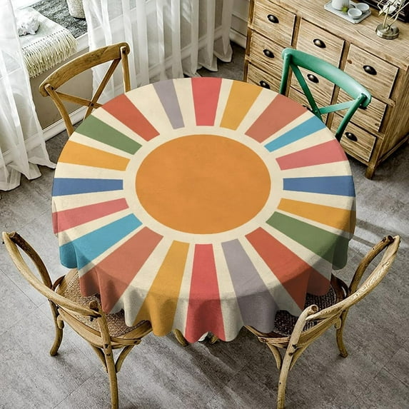 Boho Rainbow Sun Tablecloth, Vintage Background with Colorful Sunset Sunrise Print Table Cloth for Kitchen Dinning Parties Holiday, Round(60x60in)