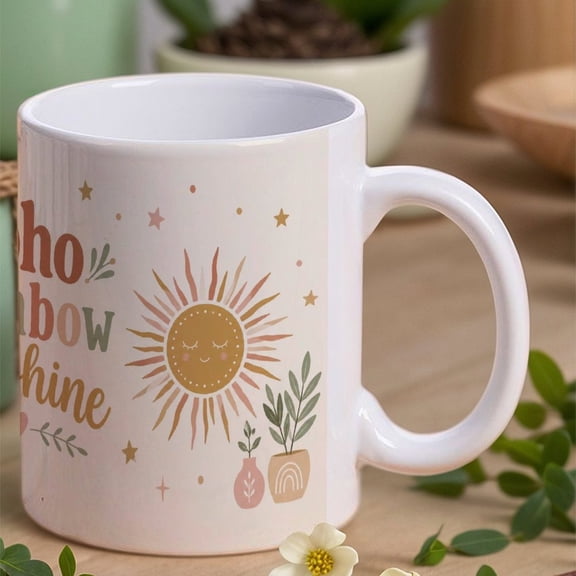 Boho Rainbow Sunshine11 Oz Ceramic Coffee Mug, Printed Coffee Cup for Tea, Cocoa, Home Office Gift