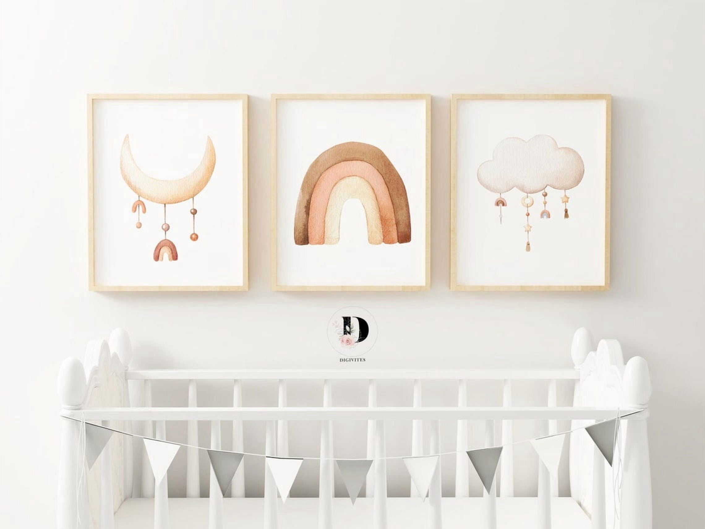 Boho Rainbow Wall Art Print, Gender Neutral Baby, Cloud, Moon, Nursery ...