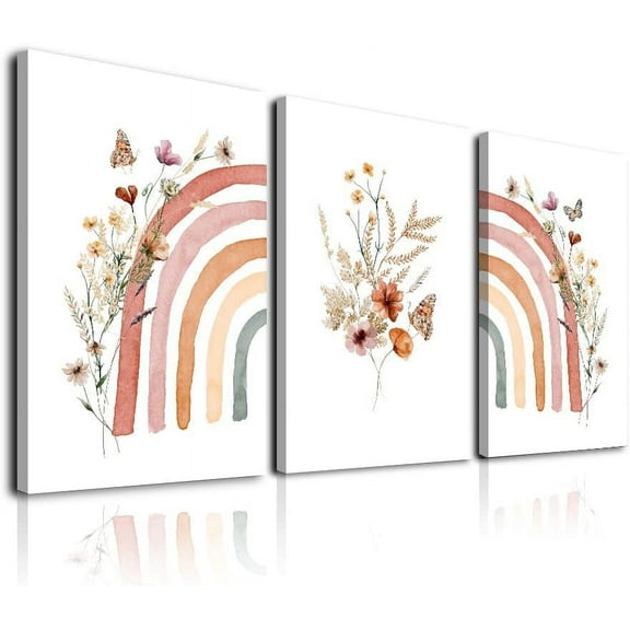 Boho Rainbow Wall Art Prints Set of 3, Cute Wildflowers Rainbow Boho Nursery Wall Decor for Girls, Framed Canvas Wall Art Posters for Kids Room, Baby Room, Classroom, Bedroom Decor (12"x16", Colorful)