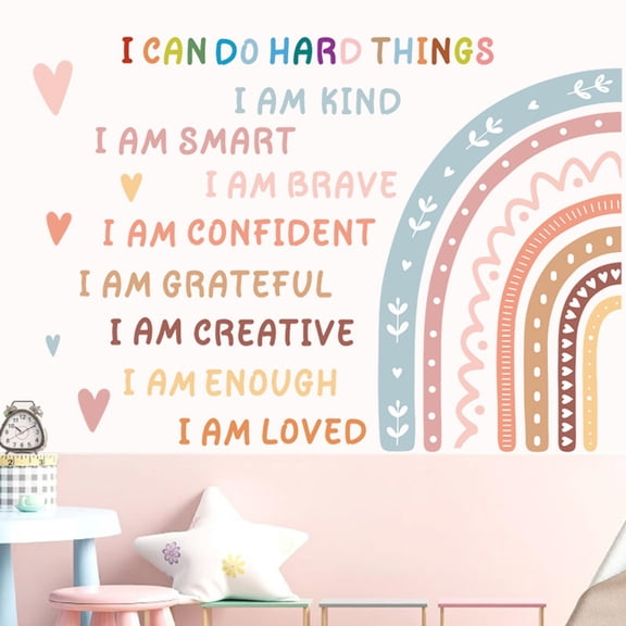 Boho Rainbow Wall Decals with Positive Affirmations and Hearts, Pvc Self-Adhesive for Student Room and Classroom, Wall Decor