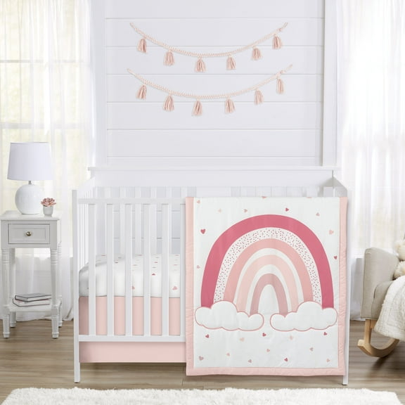 Sweet Jojo Designs Boho Rainbow and Hearts Pink Ivory Crib Bedding Set 3 Piece Set