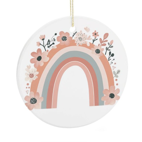Boho Rainbow with Flowers Ceramic Ornament Abstract Art Mid Century Modern Christmas Tree Hangings Ornament for Christmas Tree Decor