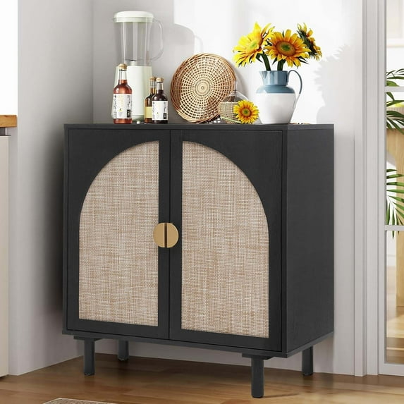 Boho Rattan Accent Cabinet, 2 - Door Storage Cabinet with Gold Handles, Pine Legs, Ideal for Living Room, Kitchen, Bedroom