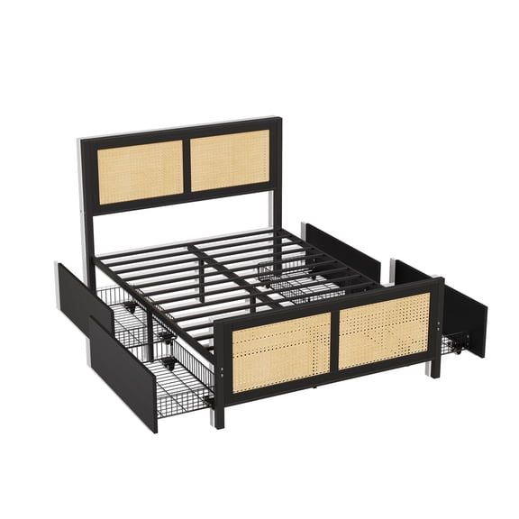 Boho Rattan Bed Frame with 7-Color LED Headboard – Cane Platform, 4 Large Storage Drawers, Strong Metal Slats, Noise-Free, No Box Renewal Needed, Easy Assembly – Black, Full