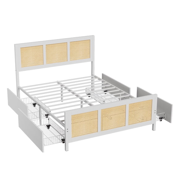 Boho Rattan Bed Frame with 7-Color LED Headboard – Cane Platform, 4 Large Storage Drawers, Strong Metal Slats, Noise-Free, No Box Renewal Needed, Easy Assembly – White, Queen