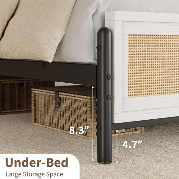 Boho Rattan Bed Frame with Headboard & Footboard - Full Size Platform, Durable Wood & Metal, Noise-Free, Underbed Storage, Easy Assembly, No Box Spring Needed - Antique White, F Size