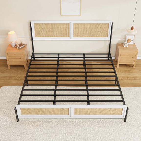 Boho Rattan Bed Frame with Headboard & Footboard - Queen Size Platform, Sturdy Wood & Metal, Noise-Free, Easy Assembly, Underbed Storage, No Box Spring Needed - Antique White, Q Size
