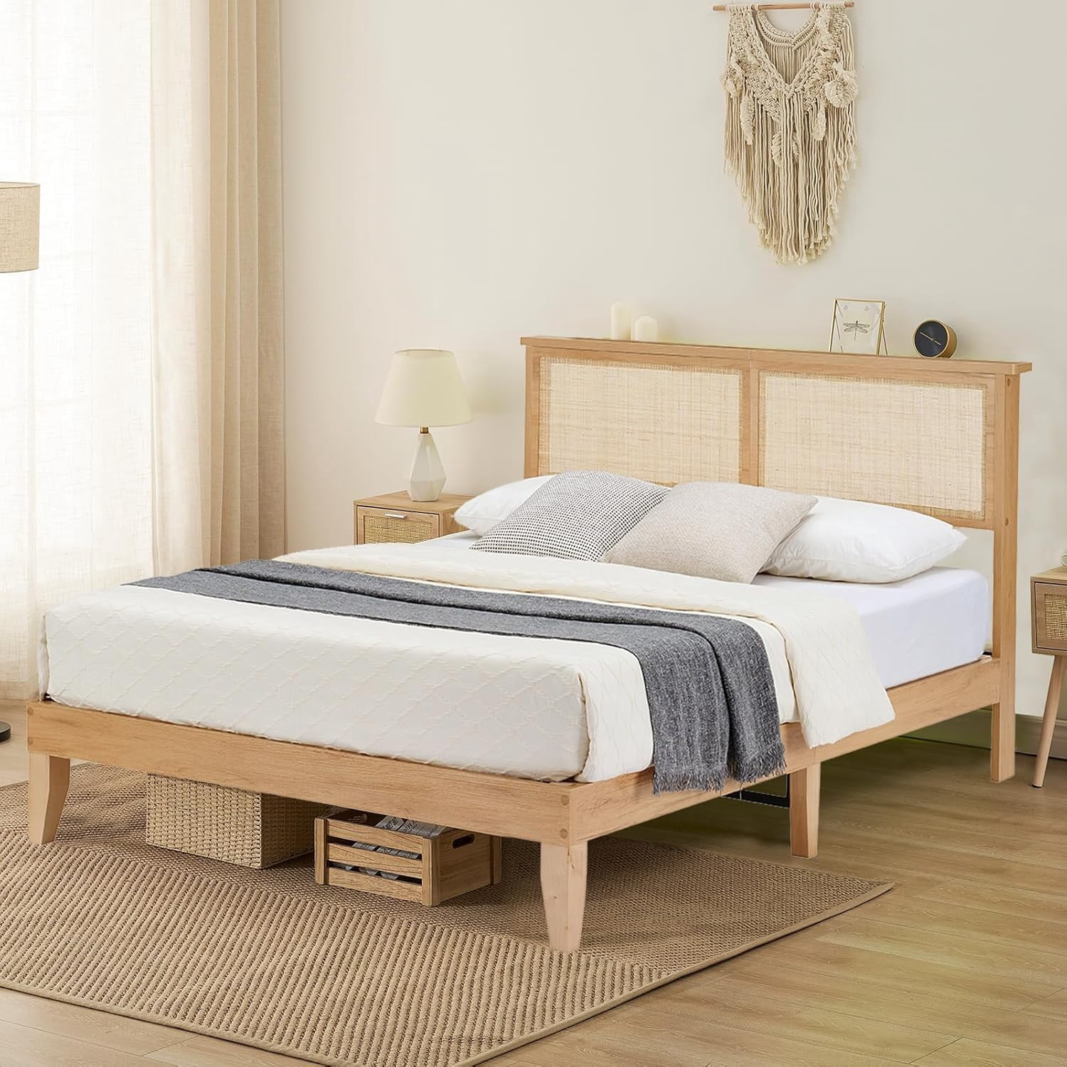 Boho Rattan Bed Frame with LED Lights, Wooden Bed Platform with Storage ...