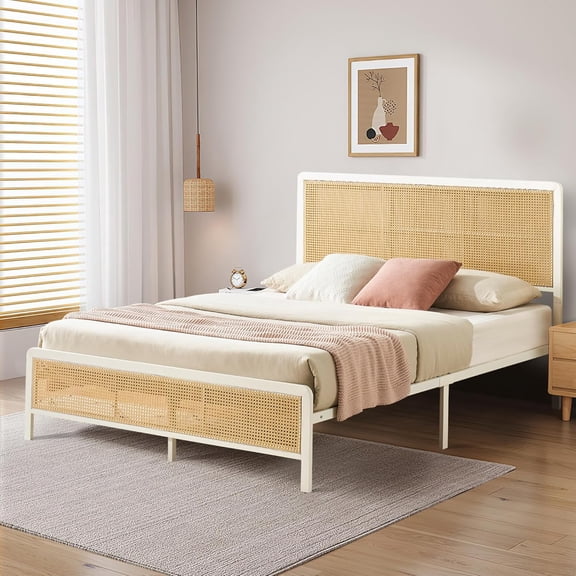 Boho Rattan Bed Frame with Metal Slats, Platform Bed with Rattan Headboard & Footboard, Rust-Resistant, Noise-Free, Under Bed Storage, Easy Assembly,Queen,White