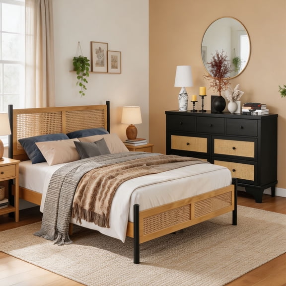 Boho Rattan Bedroom Set – Platform Bed Frame with Woven Headboard & 7-Drawer Dresser, Natural Rattan & Wood Finish, Sturdy Slat Support, No Box Spring Needed for Bedroom Guest Room