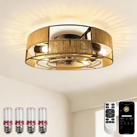 Boho Rattan Ceiling Fans with Lights Flush Mount, 20 Inch Caged Low Profile Ceiling Fans with 3 Mode Lighting and Remote Control with E26 Bulbs for Bedroom, Nursery, Garage