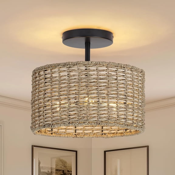Boho Rattan Ceiling Light, 12.6", 3-Light Semi Flush Mount | Wicker, Farmhouse Style, For Hallway Bedroom Kitchen Nursery Entryway