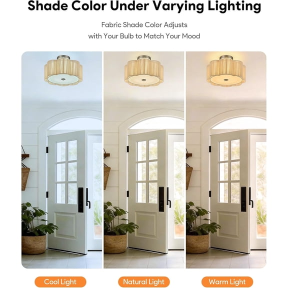 Boho Rattan Ceiling Light, 13.4" 3-Light Fixture with 2-Tier Petal Shade, Semi-Flush Mount Ceiling Light for Bedroom Nursery Dining Living Room, Nickel Finish, ETL Certificated