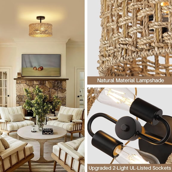 Boho Rattan Ceiling Light Fixture, 12.6" Woven Drum Flush Mount Light, Rustic Farmhouse Wicker Semi Flush Lighting for Bedroom, Kitchen, Living Room, Entryway, Hallway, Modern Coastal Lamp