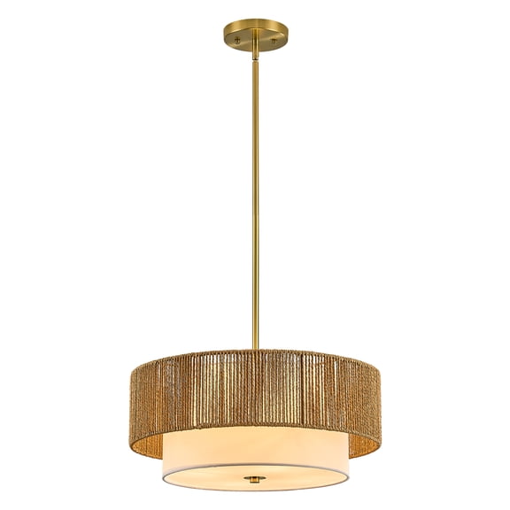 Boho Rattan Chandelier 18'' Gold Hand Woven Chandeliers with Fabric Shade 4-Light Drum Pendant Light Fixture for Dining Room Bedroom Kitchen Hallway Foye
