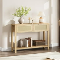 Boho Rattan Console Table - 2-Tier w/ 2 Drawers for Entryway, Living Room