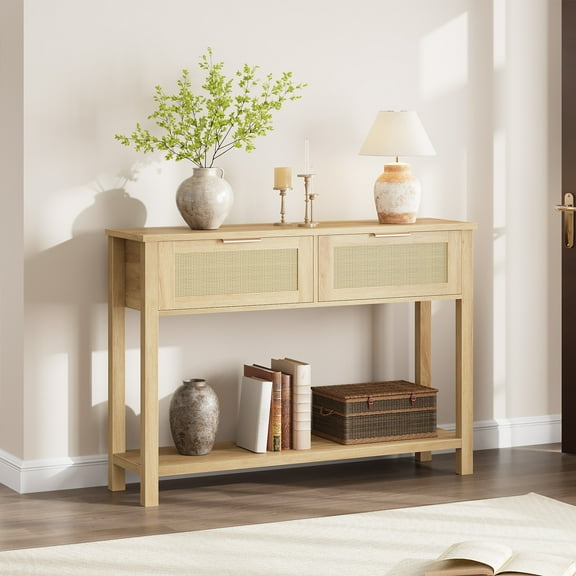 Boho Rattan Console Table - 2-Tier w/ 2 Drawers for Entryway, Living Room