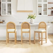 Spruce & Spring Boho Rattan Counter Stool with Solid Wood Frame and Upholstered Seat Set of 3, Natural