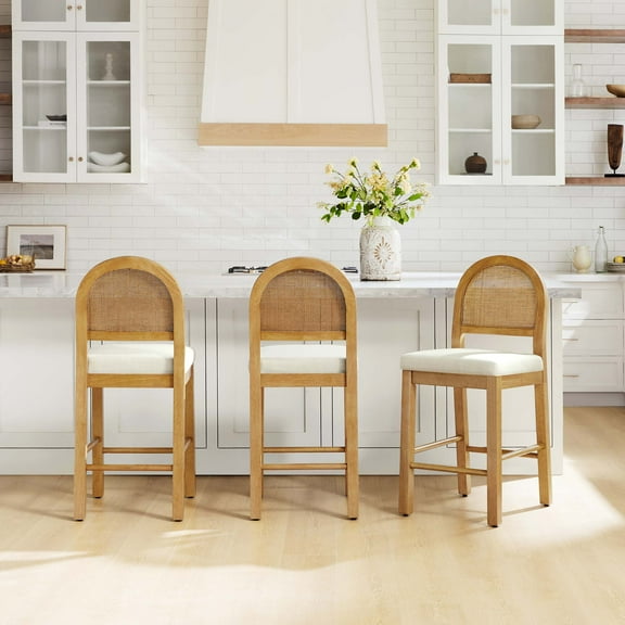 Spruce & Spring Boho Rattan Counter Stool with Solid Wood Frame and Upholstered Seat Set of 3, Walnut