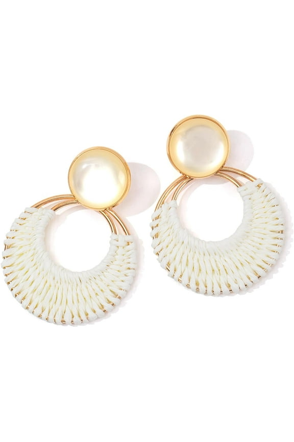 Boho Rattan Dangle Earrings for Women Trendy - Geometric Straw Raffia Earrings for Summer Beach Vacation