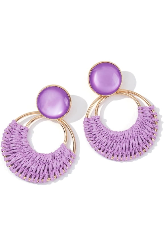 Boho Rattan Dangle Earrings for Women Trendy - Geometric Straw Raffia Earrings for Summer Beach Vacation