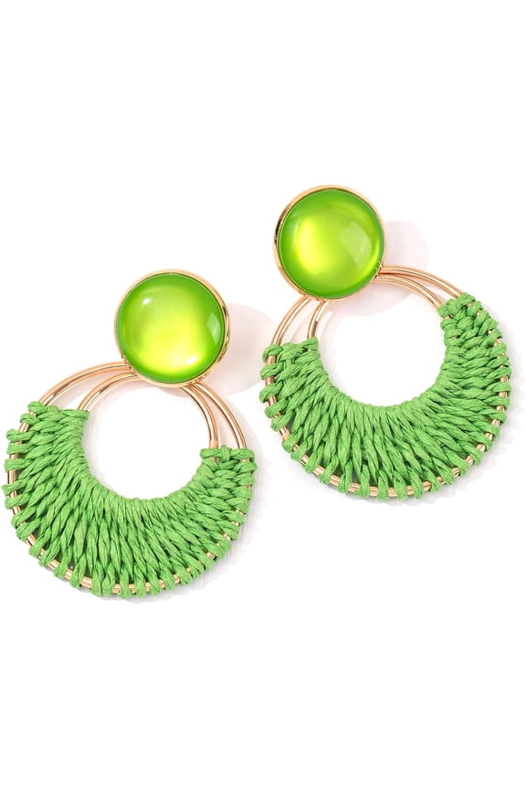 Boho Rattan Dangle Earrings for Women Trendy - Geometric Straw Raffia Earrings for Summer Beach Vacation