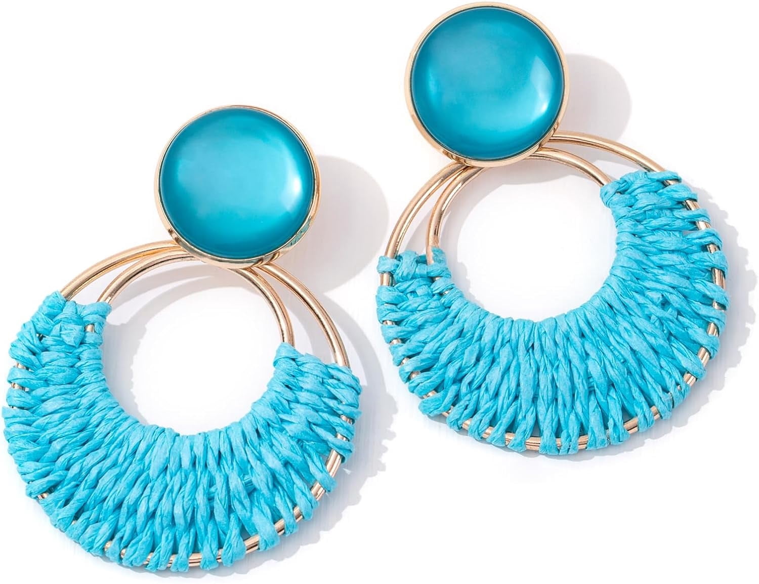Boho Rattan Tassel Earrings For Women - Handwoven Raffia Lollipop Earrings | Blue Or Coffee Color, Summer Beach Jewelry