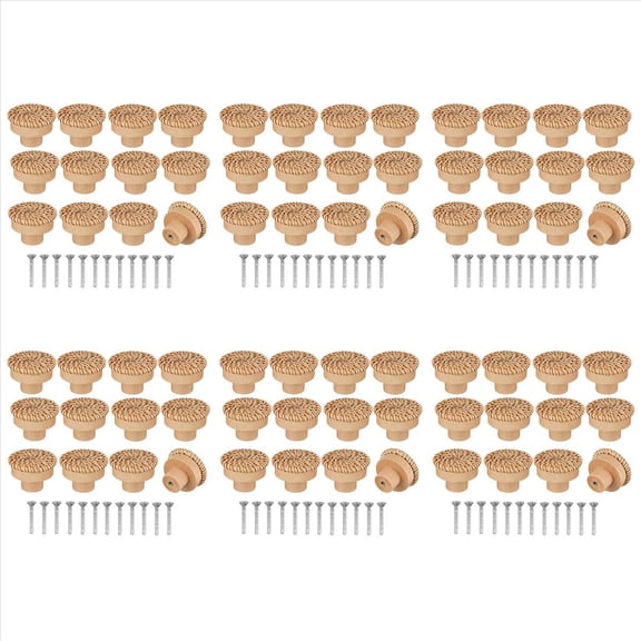 Boho Rattan Dresser Knobs Round Wooden Drawer Handmade Wicker Woven and Screws for Furniture 72Pcs