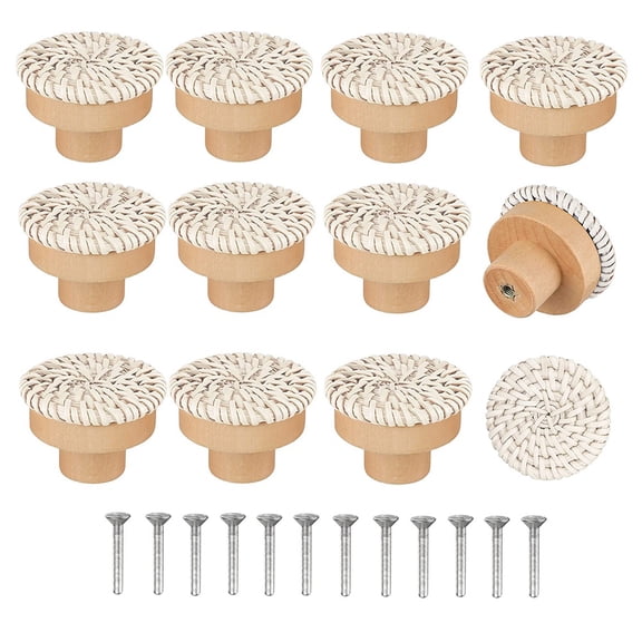 Boho Rattan Dresser Knobs Round Wooden Drawer Handmade Wicker Woven and Screws for Furniture Beige 12Pc