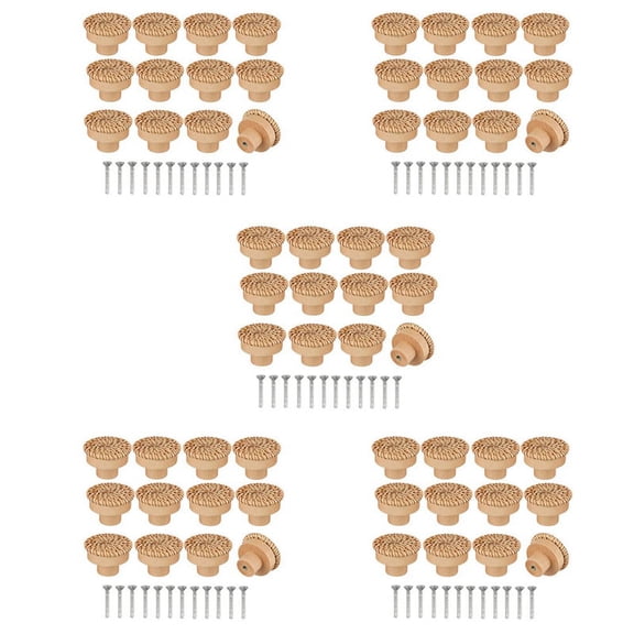 Boho Rattan Dresser Knobs Round Wooden Drawer Knobs Handmade Wicker Woven and Screws for Boho Furniture Knobs 60Pcs