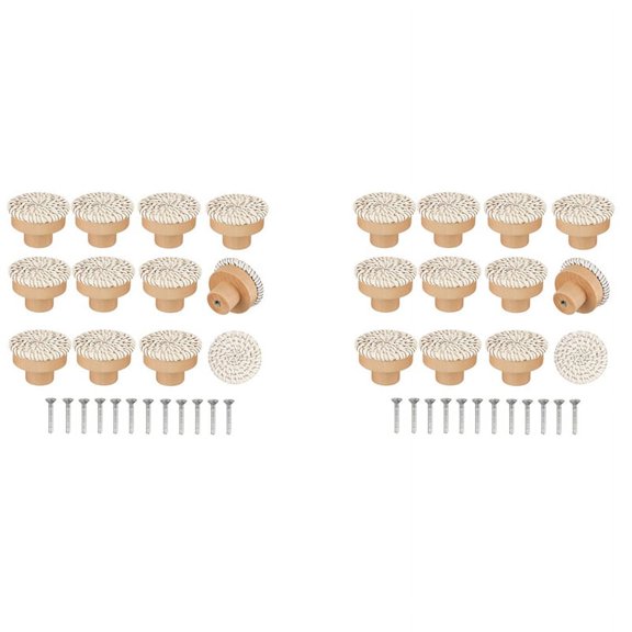Boho Rattan Dresser Knobs Round Wooden Drawer Knobs Handmade Wicker Woven and Screws for Boho Furniture Knobs Beige 24Pc