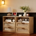 thumbnail image 1 of Boho Rattan End Table Nightstand Set of 2 with 2 Drawers, Open Storage Shelf, Living Room, Bedroom, Natural Oak, 1 of 9