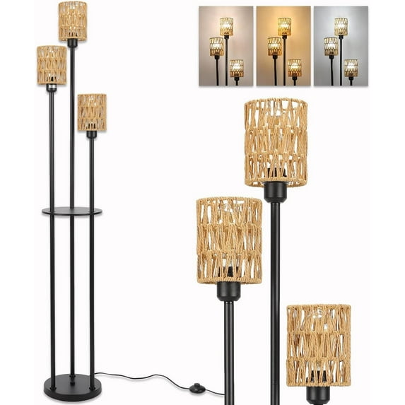 Boho Rattan Floor Lamp for Living Room with Shelves, 3 Lights Farmhouse Vintage 65in Tall Floor Lamp with Rattan Shades and Foot Switch, Bohemian Standing Lamp for Bedroom Office