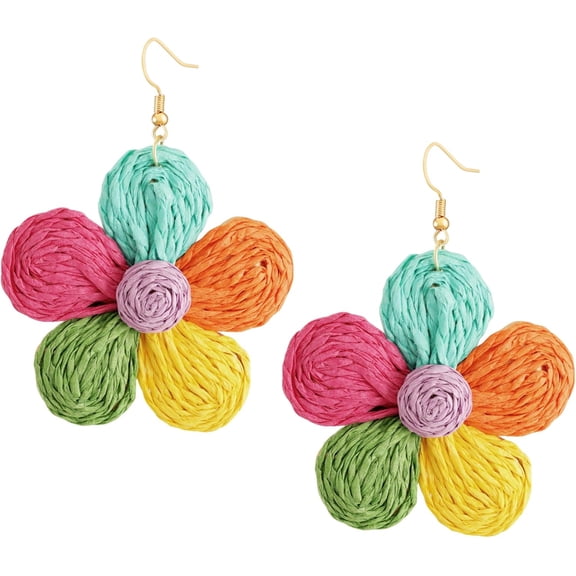 Boho Rattan Flower Floral Dangle Drop Earrings, Handmade Bohemian Hippie Statement Jewelry Gift for Women