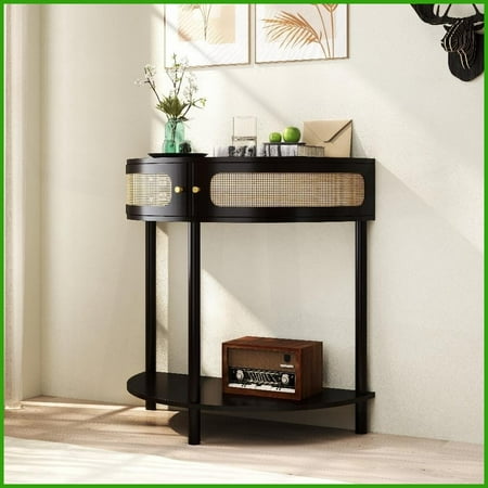 Boho Rattan Half Round Coffee Table with Storage Drawers, Space-Saving Child-Safe Living Room Side Table