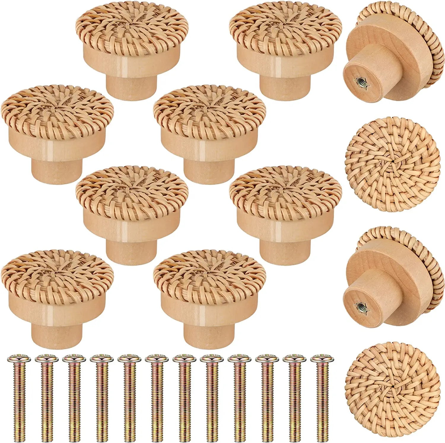 Boho Rattan Knobs for Dresser Drawers, 12pcs Wood Round Cabinets Knobs Pulls Handmade Wicker ...