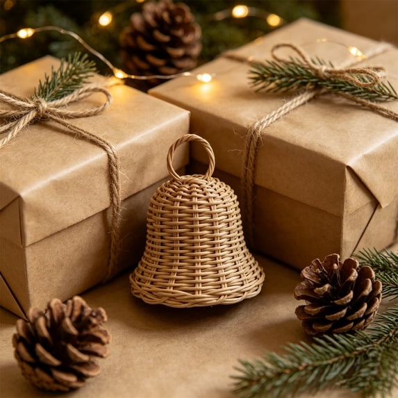 Ratten's Texture Boho Rattan Look Christmas Bell Ornament, Woven Texture Resin Hanging ...